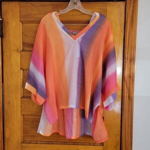 New York & Co Soho Street Sheer Top Size M Orange Purple Striped Hooded V-Neck